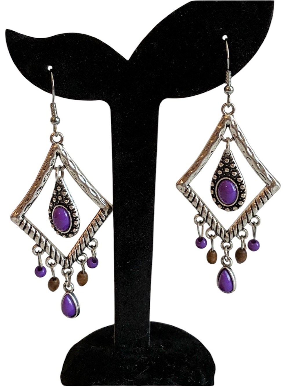 Retro Boho Silver-Tone Purple Stone Drop Earrings